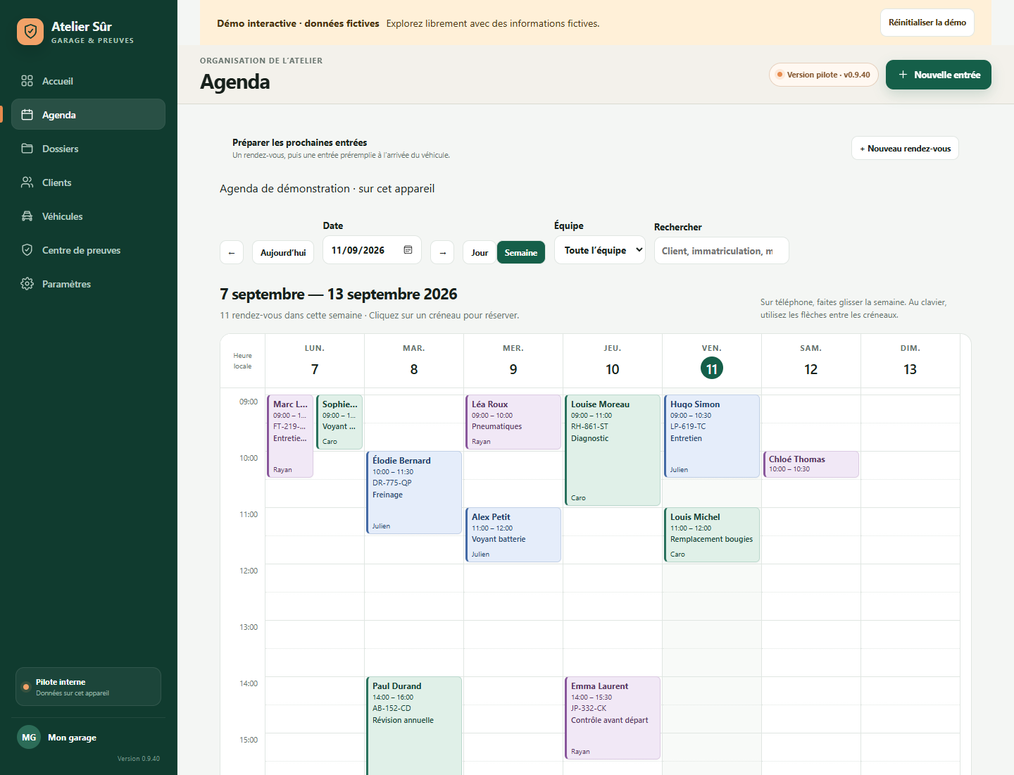 Agenda hebdomadaire Atelier Sûr avec horaires, rendez-vous et membres de l’équipe