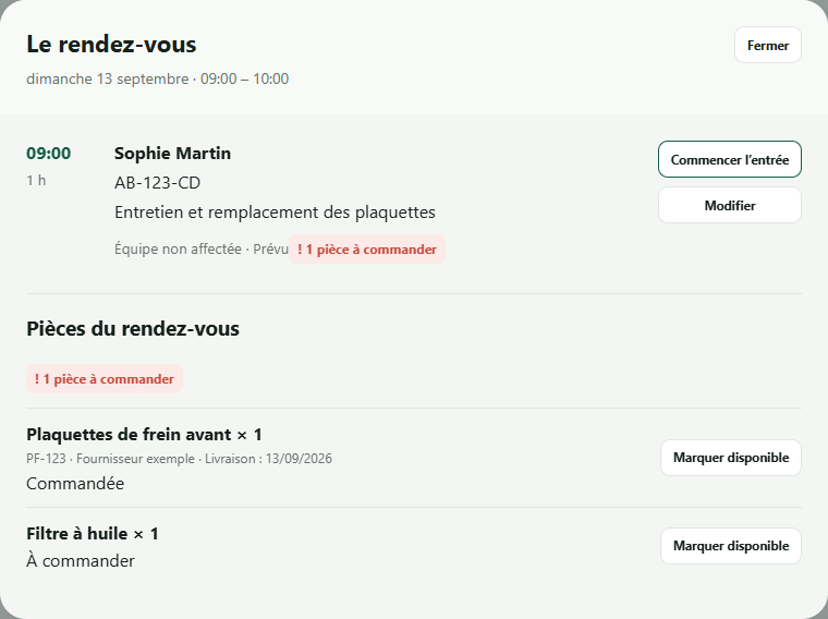 Rendez-vous Atelier Sûr avec plaquettes commandées, filtre à commander et bouton pour marquer chaque pièce disponible.